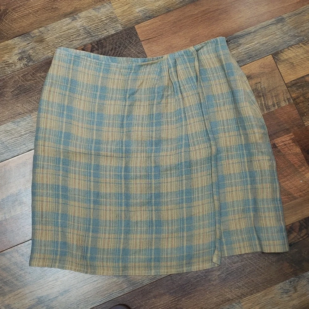 Vintage Lizsport Blue and Tan Plaid Faux Wrap Skirt, Size 14